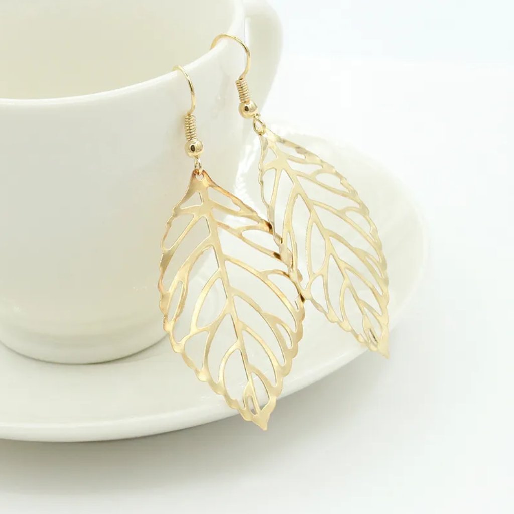 Lightweight Gold Metal Leaf Dangle Earrings New